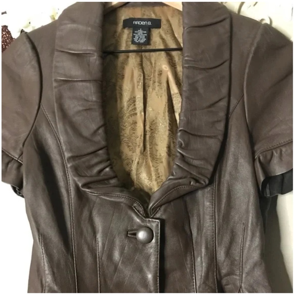 Arden B Brown Vintage Leather Fitted Waist Blazer Top with Ruffled Collar. - Picture 3 of 16